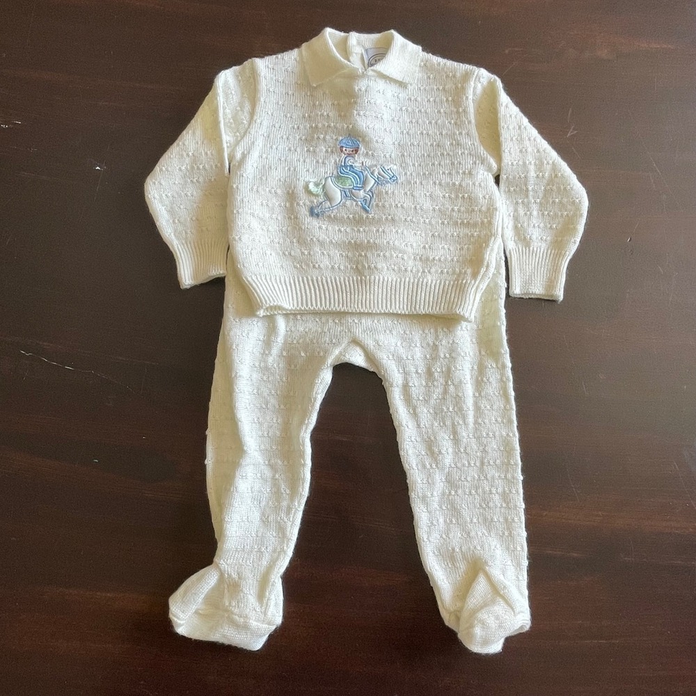 Vintage First Impressions Baby Boy Cream Knit Sweater Footed Pant Set 6-9 Months
